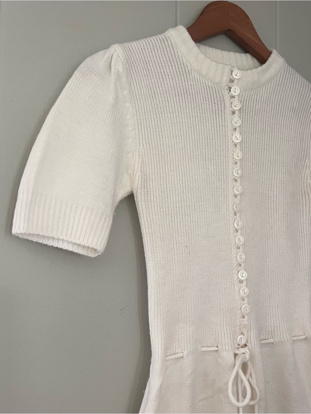 Vintage 70s White Knit Mini Dress Button Front Puff Sleeve Retro Cottagecore S - Picture 12 of 12